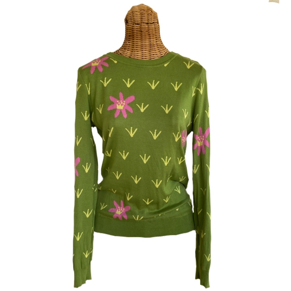 ModCloth Green Grass & Floral Crewneck Sweater